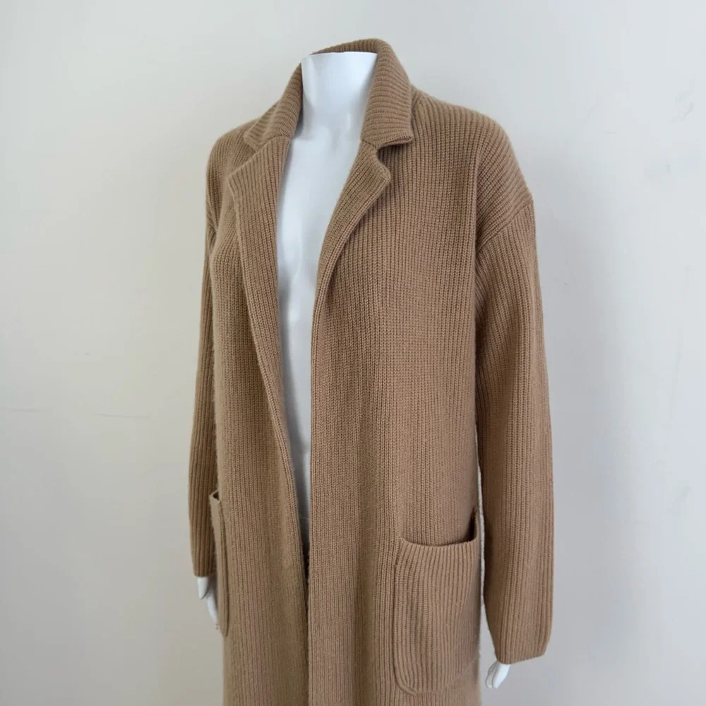 Nordstrom Cashmere Wool Long Ribbed Pockets Camel Tan Brown Cardigan Duster Sz S